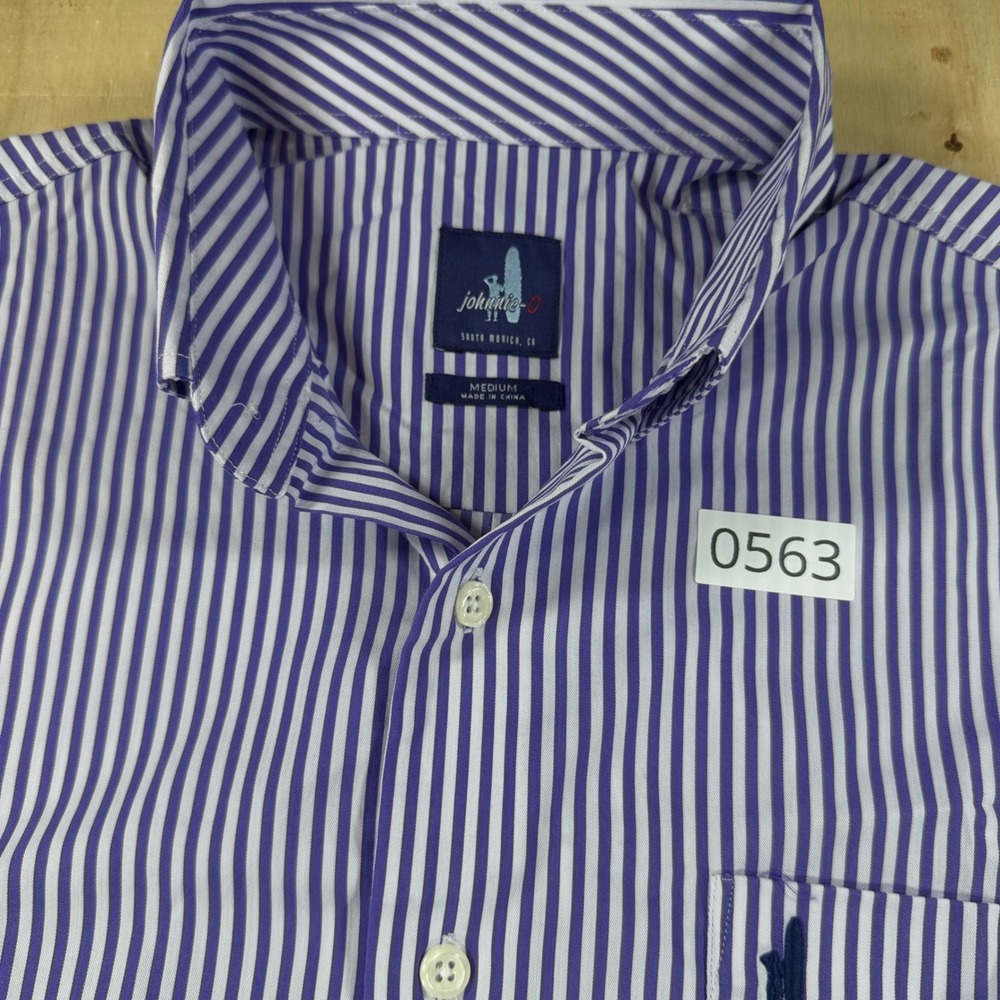 johnnie-O Mens M Performance Bamboo Blend Button Down Shirt Purple Stripe - Picture 2 of 5